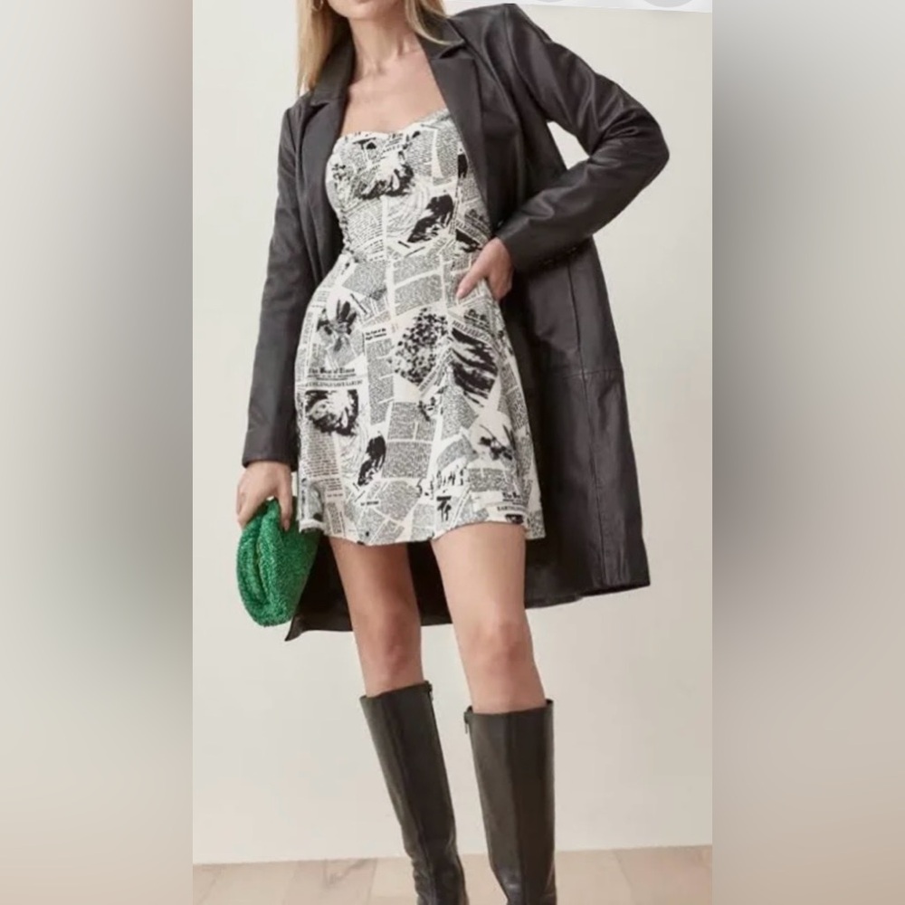 Reformation Newsprint Mochi Climate Mini dress Revealing in Black White size 0